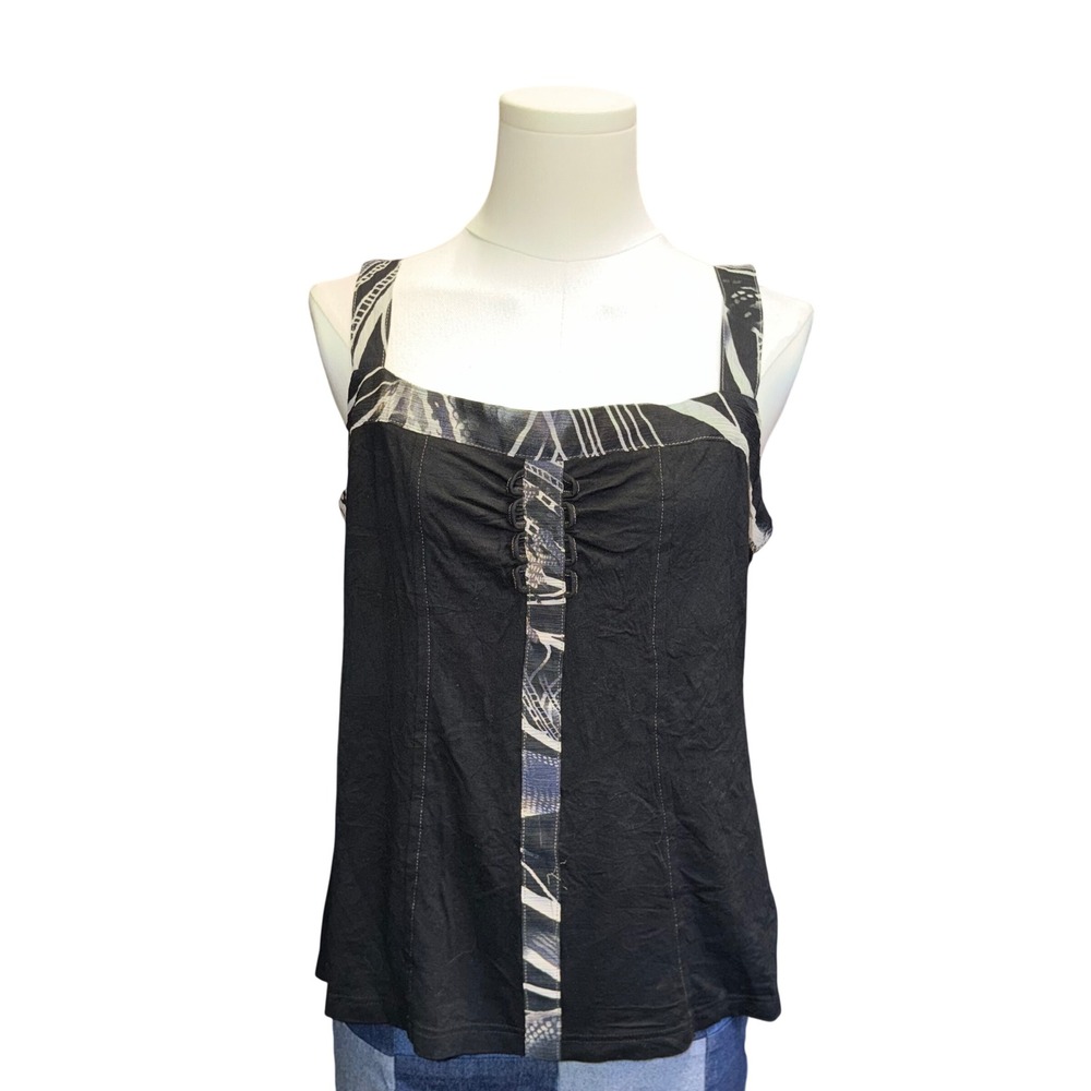 Christine Laure Black Tank Top Patterned Trim Sleeveless Square Neck Size 3